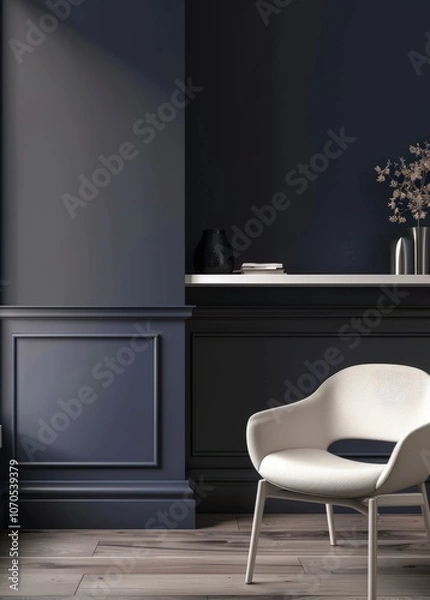 Fototapeta A white shelf with various decorative items sits against a dark purple wall with a white chair beside it