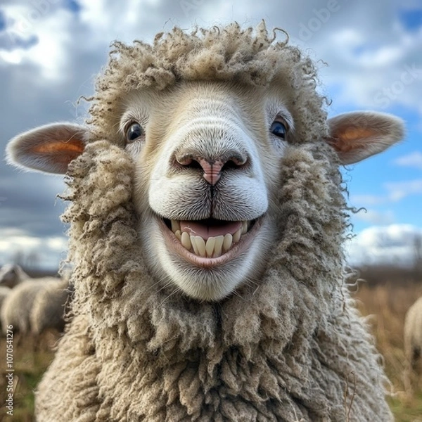 Fototapeta Sheep smiling with its teeth visible wide smile funny photo