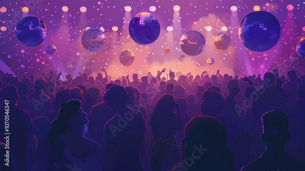 Fototapeta purple party background with silhouettes of a crowd and disco lights