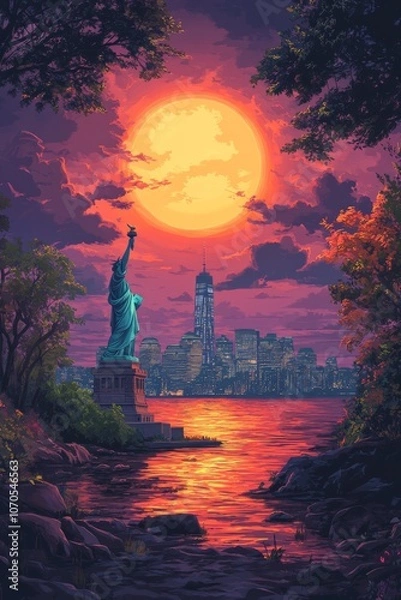 Fototapeta Illustration of the statue of liberty with the new york city skyline in the background in a vector art style flat design
