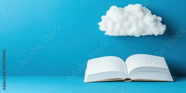 Fototapeta An open book lies on a turquoise surface, with a fluffy white cloud floating above it, symbolizing imagination and creativity.