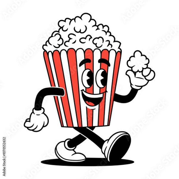 Fototapeta A cartoon retro character is walking in a red and white popcorn bucket