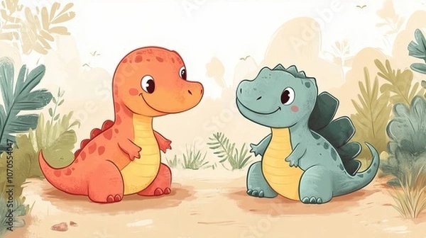Fototapeta Friendly T-Rex & Stegosaurus Art