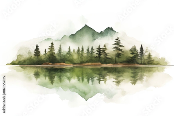 Fototapeta Watercolor illustration of an island with pine trees and mountains reflected in the water,