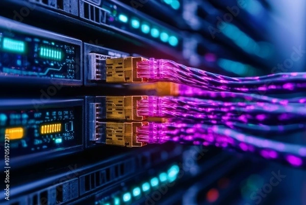 Obraz Close-up of network cables connected to server during data transmission in a data center