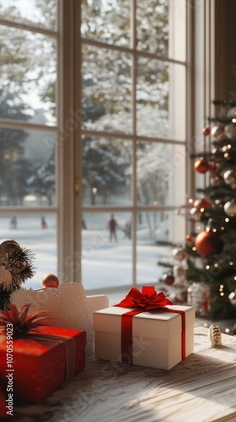 Fototapeta Vertical image of Christmas gifts on the eve of Christmas lie by the window, out of which winter is raging, waiting for Santa Claus.