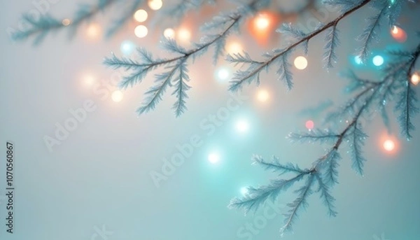 Obraz Christmas tree branches with snow on blured background with lights. AI generated