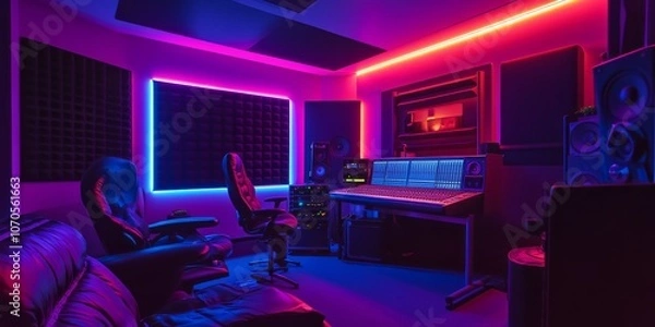 Fototapeta The recording room is dimly lit with neon lights. In the studio, the sound engineer uses a remote control to adjust the audio levels.