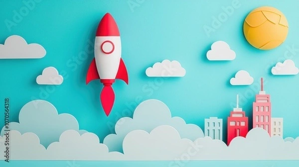Fototapeta A rocket soaring through the clouds, with a cityscape shrinking below, representing the ability of innovation to propel progress and change.