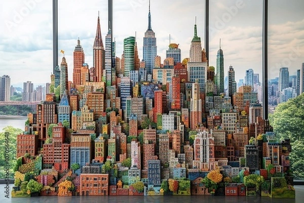 Obraz A creative cityscape constructed entirely of interlocking puzzle pieces, showcasing the integration and acceptance of autistic individuals in society, symbolizing unity, diversity, and community.

