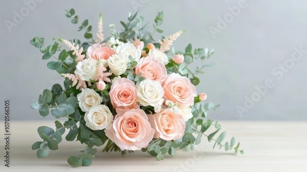 Fototapeta A whimsical bouquet of pastel colored roses, including pink, peach, and cream, arranged loosely with delicate greenery, evoking a soft, romantic feel.