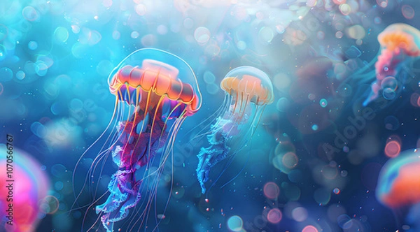 Fototapeta Jellyfish, cute, in the style of anime, colorful, against a blue background, with glowing light effects, a dreamy atmosphere, in a fantasy world, digital art, like a watercolor painting, underwater