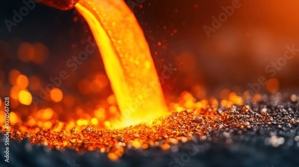 Fototapeta A close-up of molten metal flowing, showcasing its vibrant orange glow against a textured dark background.