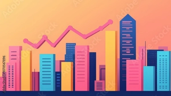 Fototapeta A vibrant city skyline illustration with colorful buildings and an upward trend line, symbolizing growth and progress.