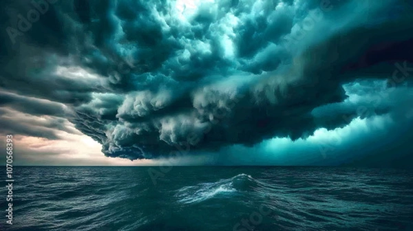 Obraz Ominous dark clouds looming over a calm ocean just before a storm