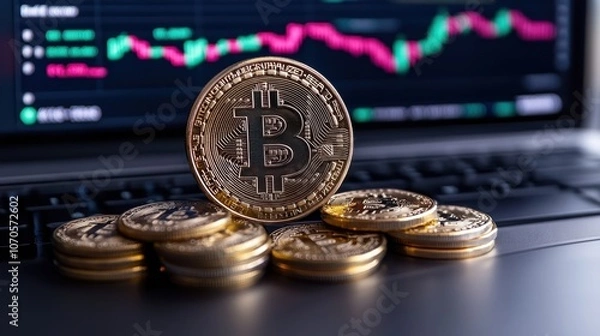 Fototapeta Glowing Bitcoin Coin on Laptop Background