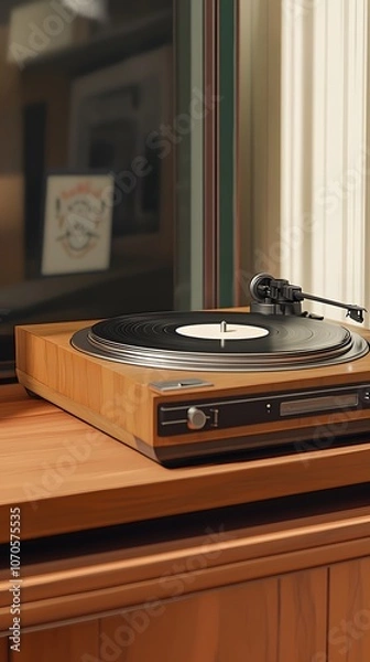 Fototapeta A vintage record player with an old vinyl record on it, placed in the center of a wooden table, with a blurred background that suggests cozy living room decor.