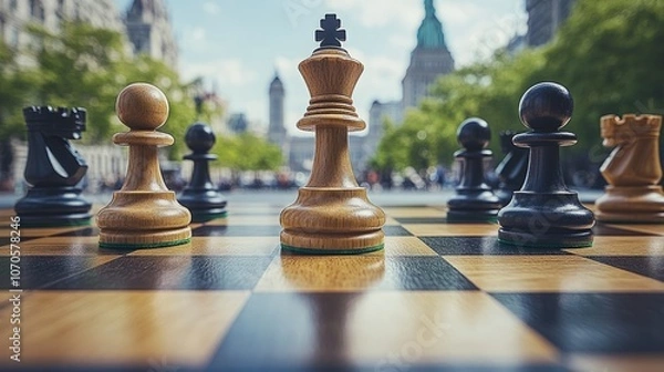 Fototapeta Chessboard with Pieces Amidst Iconic Global Cityscape - Featuring World Landmarks like the Eiffel Tower, Statue of Liberty, Great Wall, and Pyramids of Giza, Symbolizing Chess as a Universal Game of S