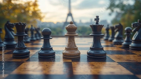 Fototapeta Chessboard with Pieces Amidst Iconic Global Cityscape - Featuring World Landmarks like the Eiffel Tower, Statue of Liberty, Great Wall, and Pyramids of Giza, Symbolizing Chess as a Universal Game of S