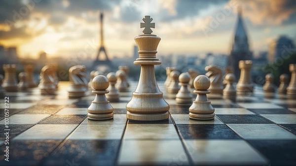 Fototapeta Chessboard with Pieces Amidst Iconic Global Cityscape - Featuring World Landmarks like the Eiffel Tower, Statue of Liberty, Great Wall, and Pyramids of Giza, Symbolizing Chess as a Universal Game of S