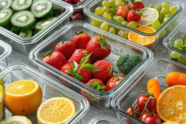 Obraz Creative glass food container with various fruits and vegetables image.