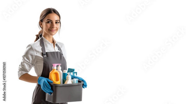 Fototapeta Professional cleaning service worker holds bucket of supplies,white background,banner,copy space.