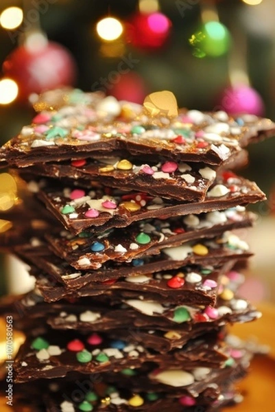 Fototapeta Loaded Christmas Tree Bark Holiday chocolate bark with colorful sprinkles - perfect for christmas celebration and festive gifting