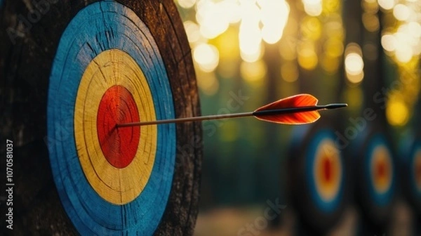 Fototapeta An arrow is shot into the target, focused on an archery target with colored rings.