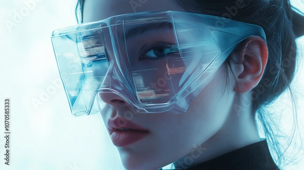Fototapeta A woman wearing a technological mask. Technological development has brought rapid changes to human beings.