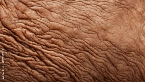 Obraz Detailed texture of aged skin with visible wrinkles pores and fine lines in warm tones, AI Generated