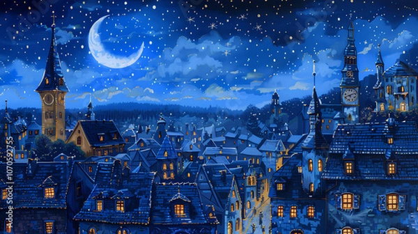 Fototapeta Starry sky, medieval cityscape, street lights, bustling streets, European architecture, clock tower, busy traffic, fantasy style, oil painting