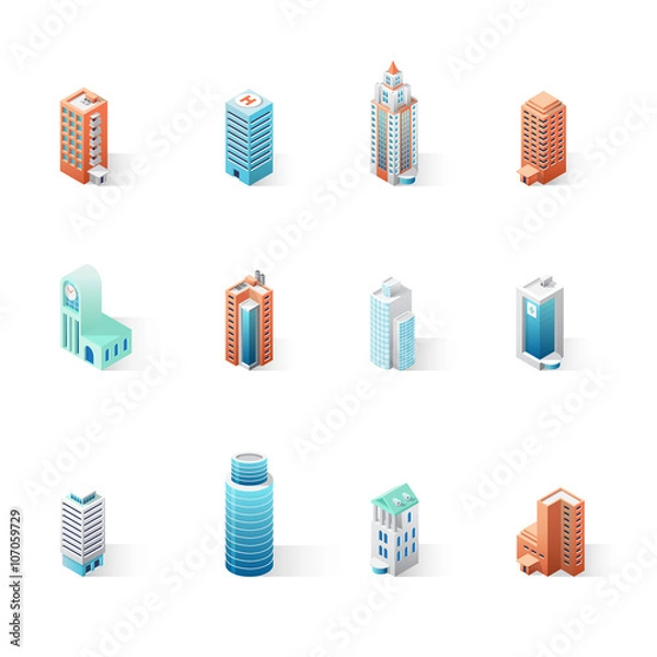 Obraz Set of the isometric city buildings
