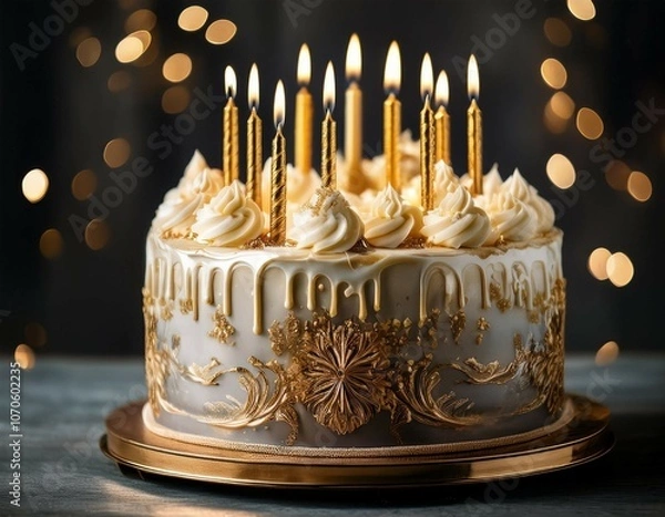 Obraz elaborate birthday cake with vintage style buttercream icing and gold birthday candles