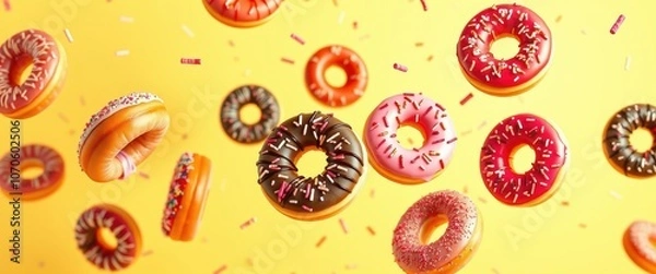Fototapeta Delight in Colorful Donuts Floating Against a Bright Yellow Background