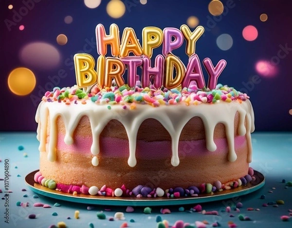 Obraz birthday cake with happy birthday lettering and sprinkles