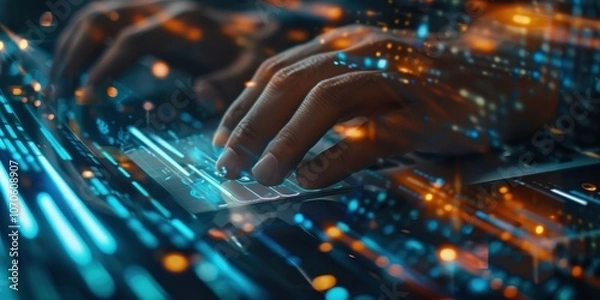 Obraz Closeup of a businessperson using a phone and interacting with a holographic screen, browsing the internet and exploring websites through digital connections