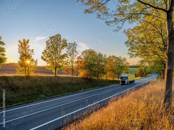 Fototapeta Silver truck driving on an asphalt road between rows of leafy trees in autumn colors in a rural landscape at sunset