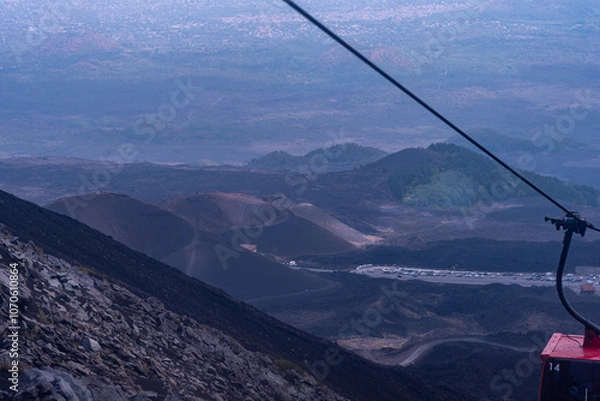 Fototapeta View from the Mount Etna, ctive stratovolcano in Catania, Sicily region. It is one of the tallest active volcano in Europe. Travel and sightseeing journey concept.