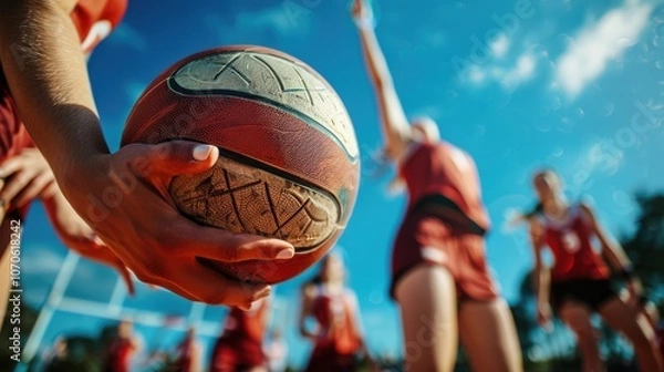 Fototapeta Womens netball team engages in defense, offense, and passing during community competitions and practice sessions, focusing on teamwork and athletic training on the court