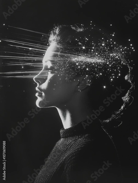 Obraz Black-and-white profile of a woman with light beams and stars emanating from her mind, symbolizing imagination, thought, and cosmic connection. A surreal, elegant depiction of inner creativity.