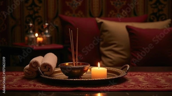 Fototapeta Serenity in a Cozy Room With Candles, Incense, and Towels Creating a Calming Atmosphere for Relaxation and Self-Care