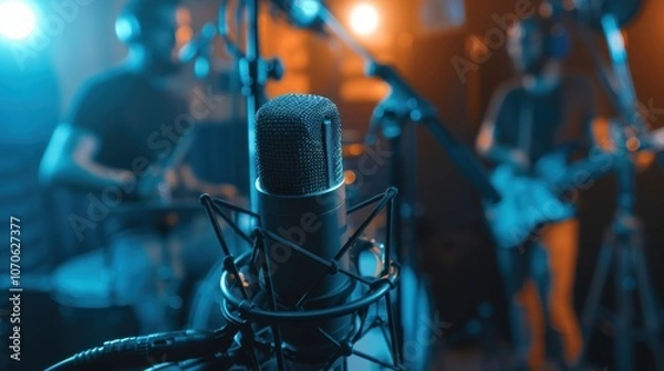 Fototapeta Musicians recording in a studio using a tablet for live streaming, featuring microphones, headphones, and a creative collaboration for a record label