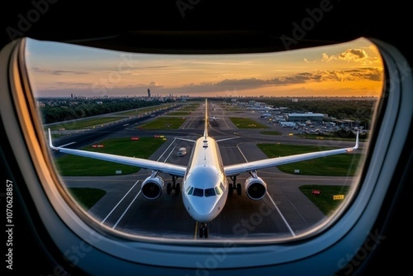 Fototapeta A view of a busy airport runway from an airplane window, with other planes and vehicles in action below