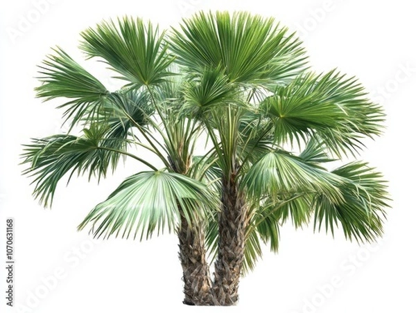 Obraz A lush, green palm tree with multiple trunks stands tall against a white background.