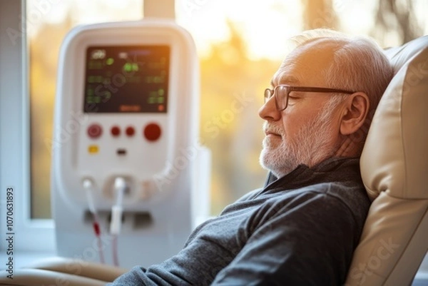Fototapeta Elderly man connected to a dialysis machine, resting with eyes closed