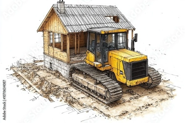 Fototapeta Construction equipment at a building site working on a wooden cabin during daylight hours in a rural setting. Generative AI