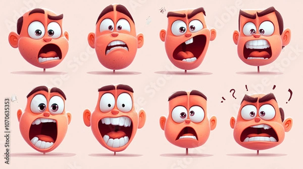 Fototapeta A series of vector illustrations featuring a woman with various expressions, such as cheerful, grimace, and stress. The images are designed in a cartoon style and include both happy and sad emotions.