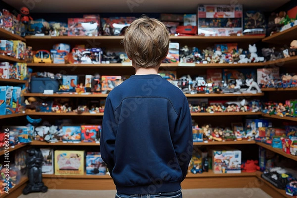 Fototapeta boy stands in toy store, gazing at colorful shelves filled with toys and collectibles. vibrant display evokes sense of wonder and nostalgia