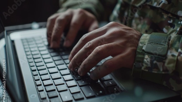 Fototapeta Military operations center, individual using computer for cyber analysis and intelligence. Focus on security, communication, and personnel working at an army command facility