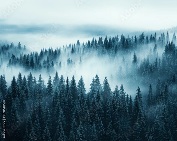 Fototapeta A stunning view of a forest with a foggy morning